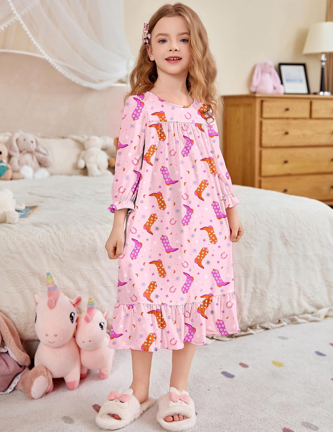 Detalle de Arshiner 6511 Girls’ Ruffle Nightgown, 3/4 Sleeves and Flounce Hem