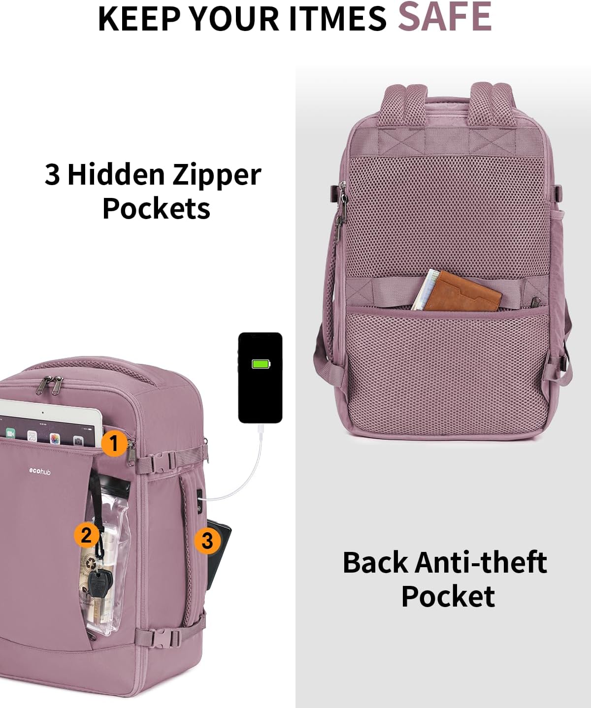 Detalle de ECOHUB 20L Zaino Ryanair 40x20x25: Zaino da Viaggio a Mano con Scomparto Laptop 14" in PET Riciclato