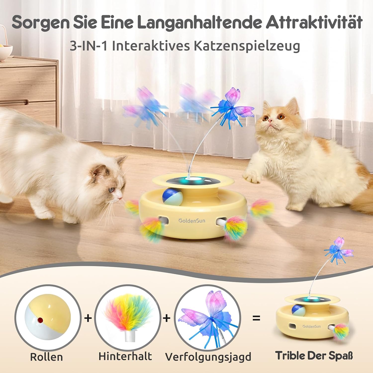 Detalle 2 de GoldenSun 3-in-1 interaktives Katzenspielzeug (Whack-A-Mole & Schmetterling) mit USB wiederaufladbarem Teaser und 4 Aufsätzen