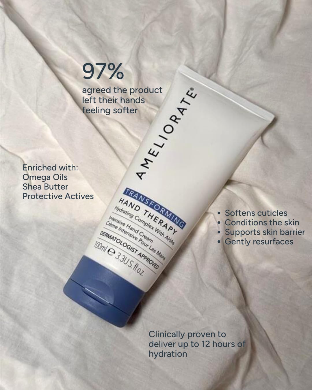 Detalle de AMELIORATE Transforming Hand Therapy 100 ml – exfolierende Handcreme mit Milchsäure (AHA) & Sheabutter für trockene, rissige Hände