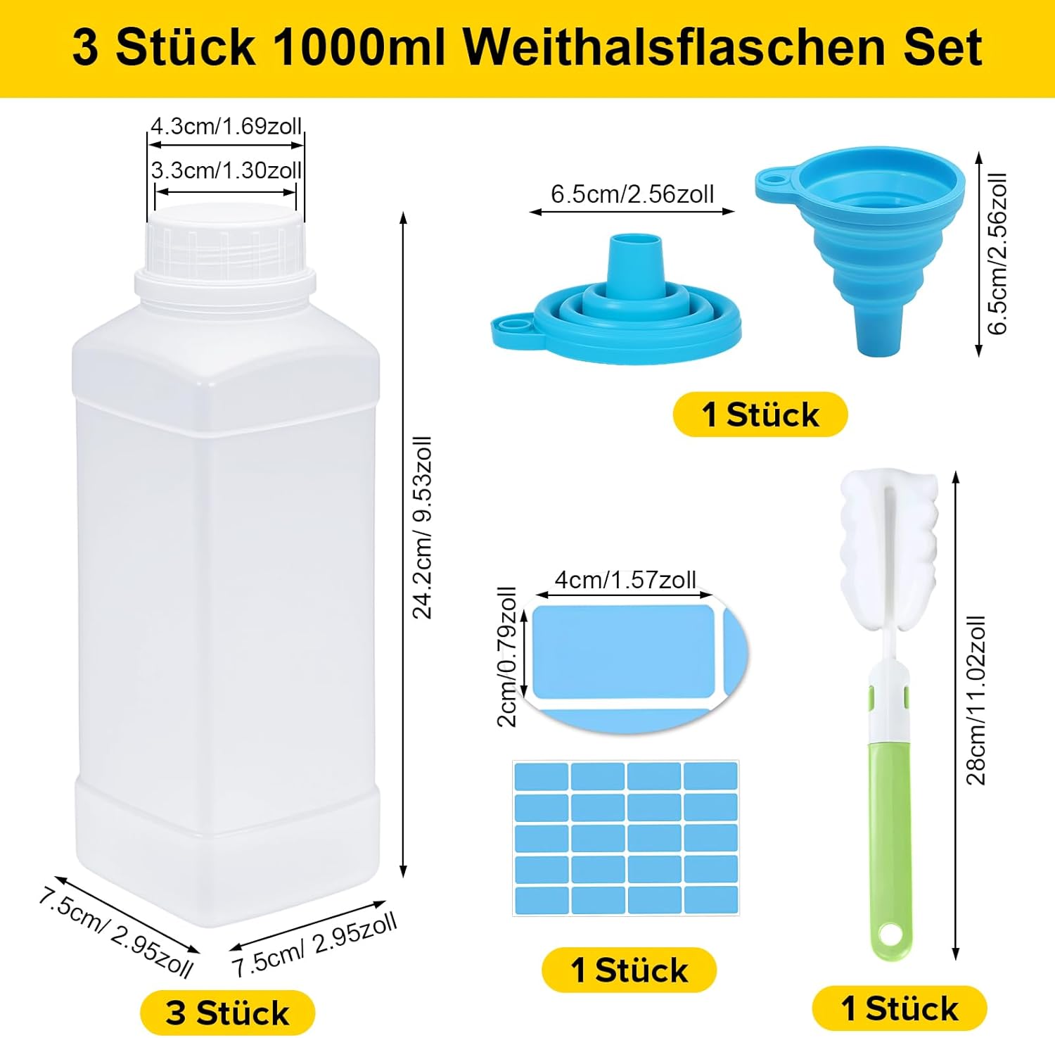 Thumbnail 1 de Annickee 3x 1.000 ml Weithalsflaschen Set (HDPE) mit Schraubverschluss, Trichter, Bürste & Aufklebern