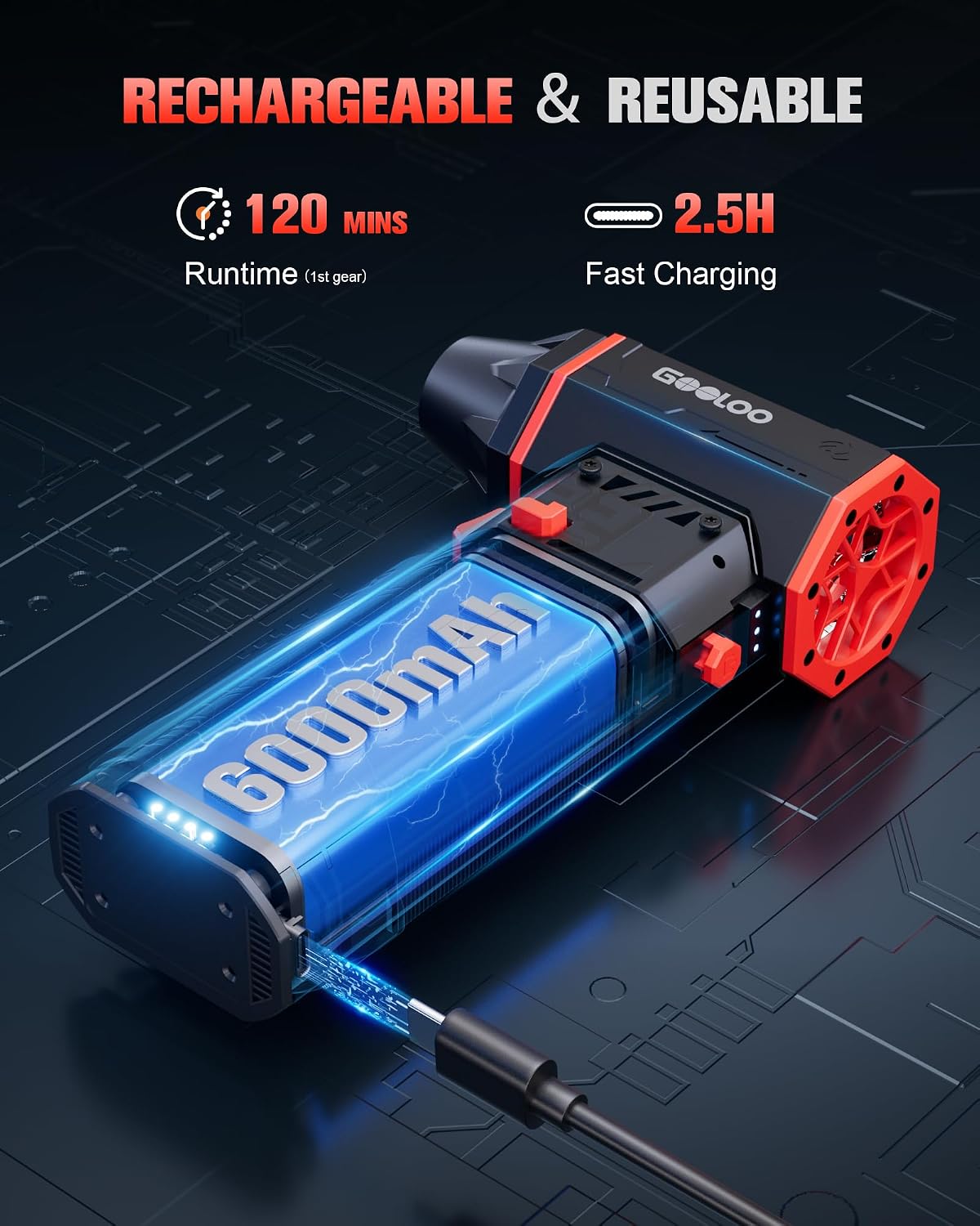 Thumbnail 6 de GOOLOO F5S Compressed Air Duster – 180000RPM Cordless with 4 Nozzles and 6000mAh Battery