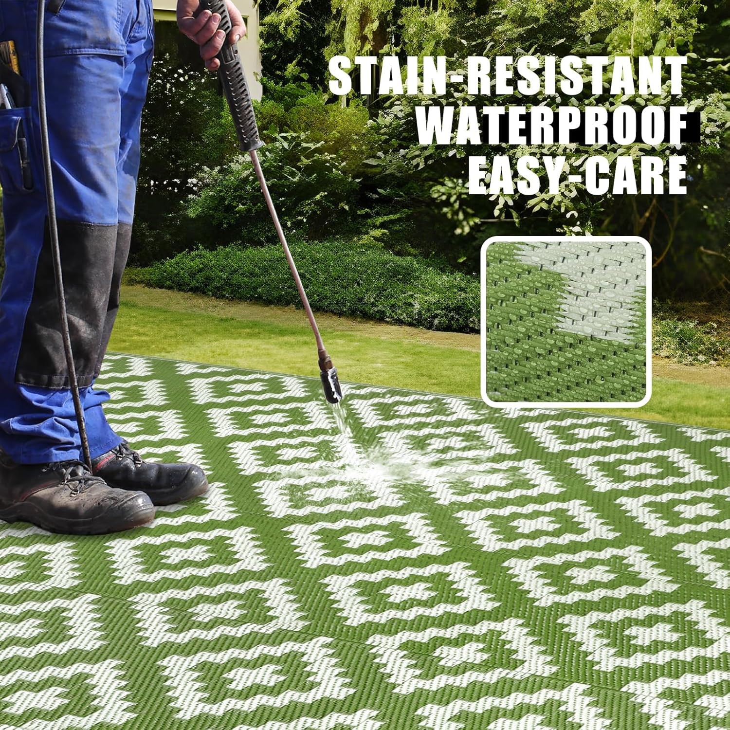 Detalle de Homcomodar Outdoor Rug 270x365cm — Reversible, UV-Resistant Plastic Straw Deck Mat