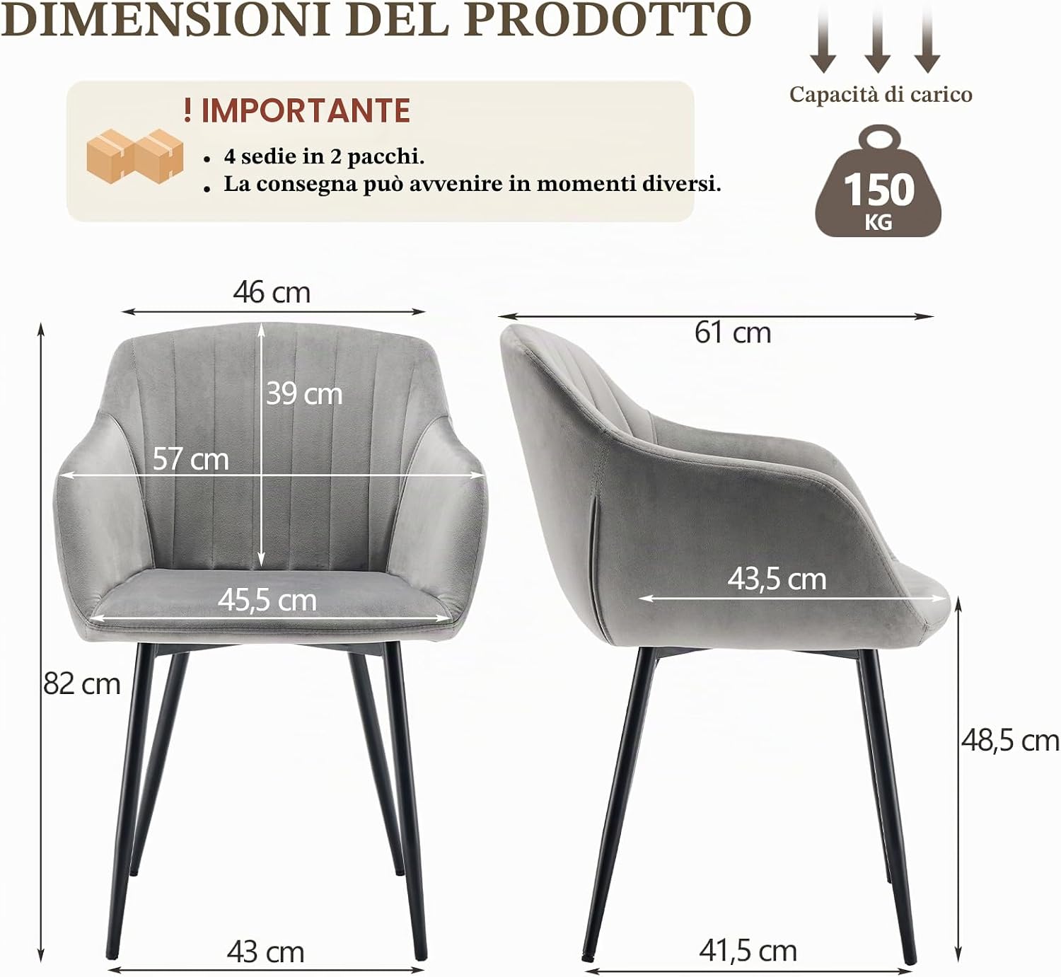 Detalle de Goeurvant Set di 4 Sedie in Velluto Grigio con Braccioli – Sedie imbottite per sala da pranzo, cucina o soggiorno