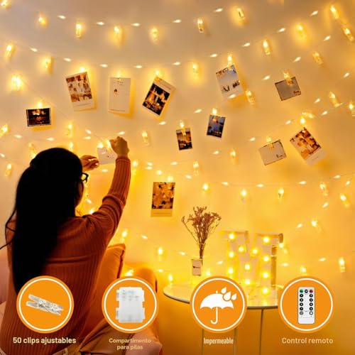 Detalle de CNMTCCO Guirnalda de 100 LEDs con clips para fotos, 10 m, funcionamiento con pilas y control remoto