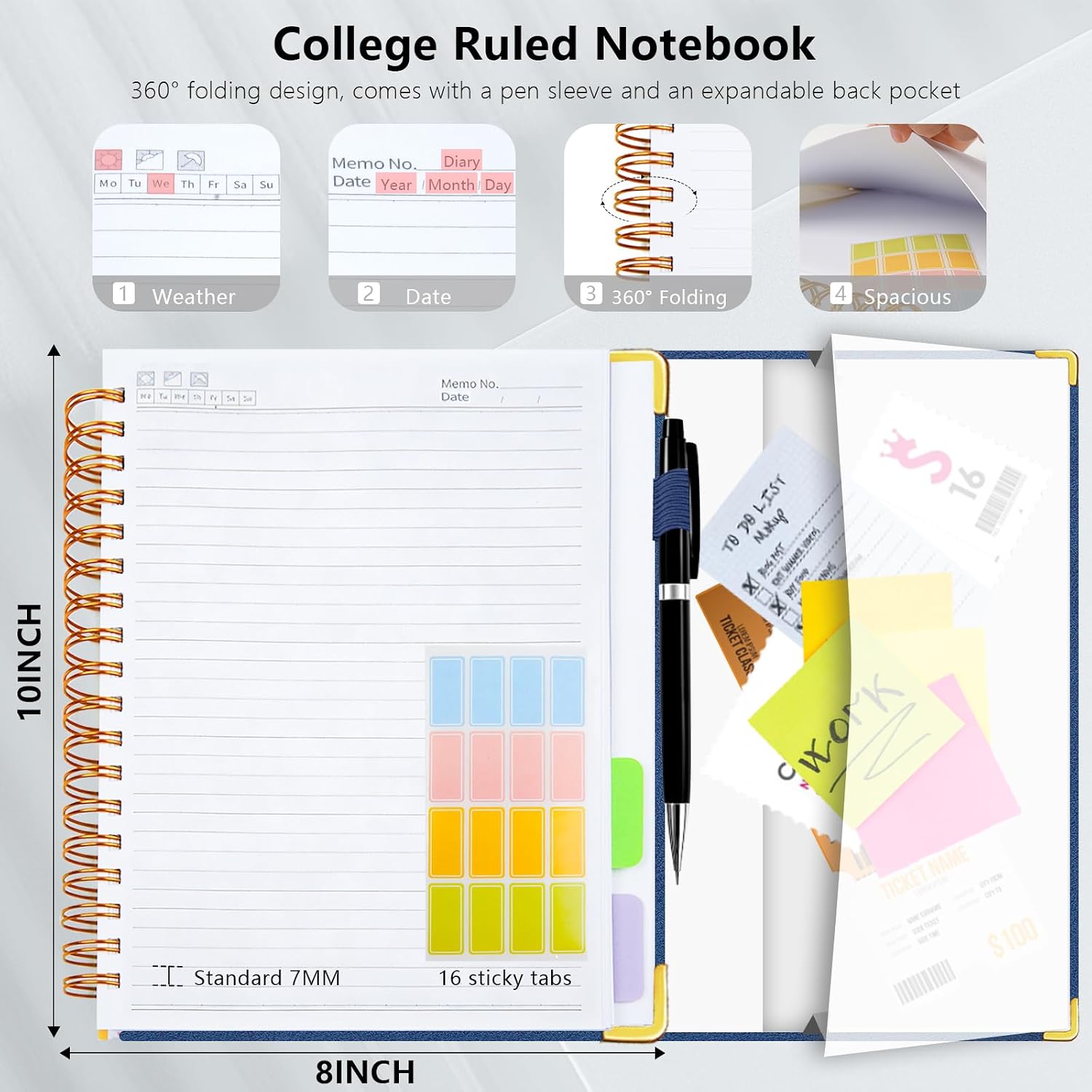 Thumbnail 2 de Veytust 8" x 10" Hardcover Spiral Notebook, 300 Pages, 5 Subjects, Magnetic Clasp