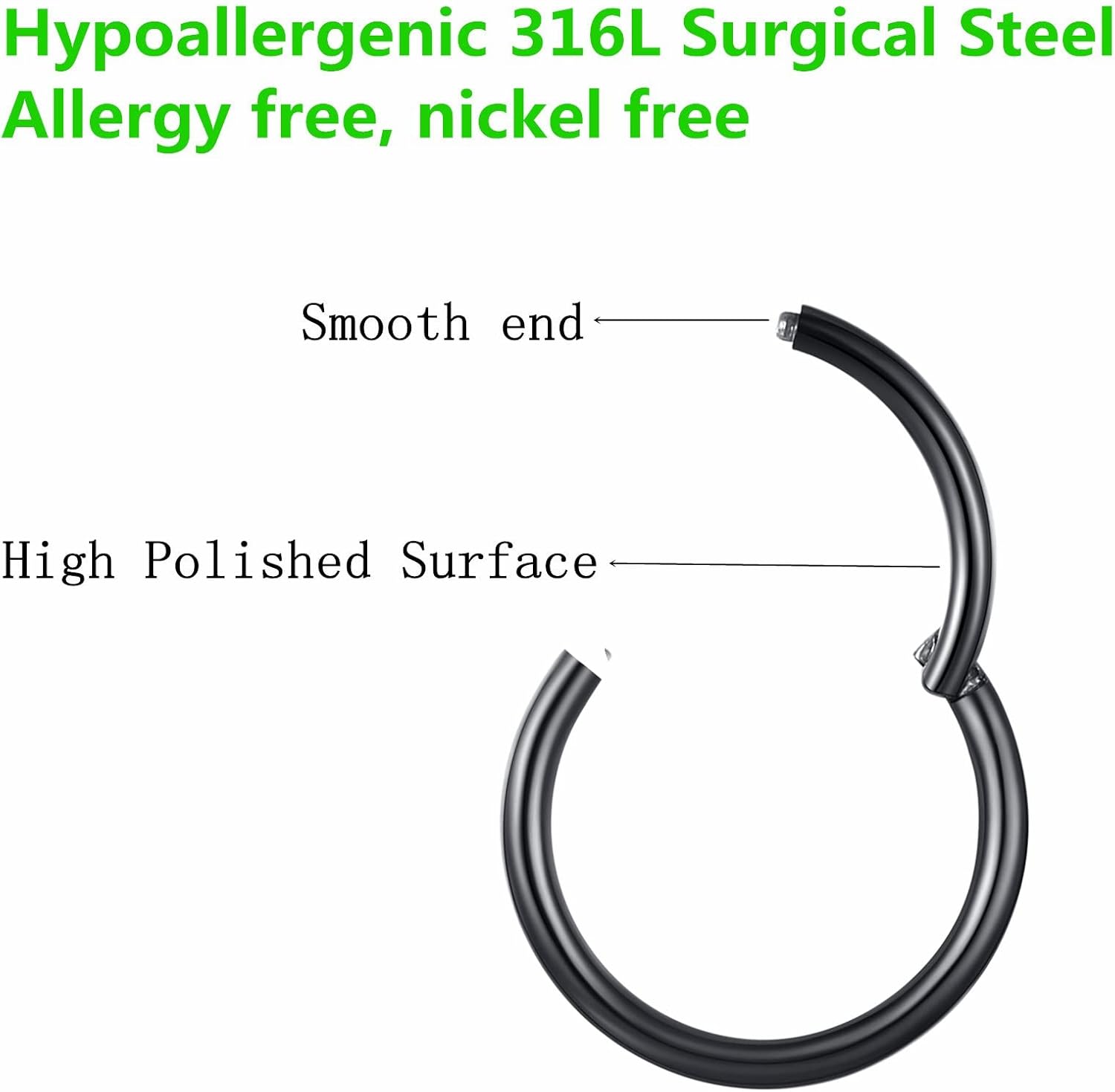 Detalle de BLESSMYLOVE Nasenring Hoop aus 316L-Chirurgenstahl – Clicker-/Klapp-Segmentring, 0,8 mm Stegstärke, schwarz