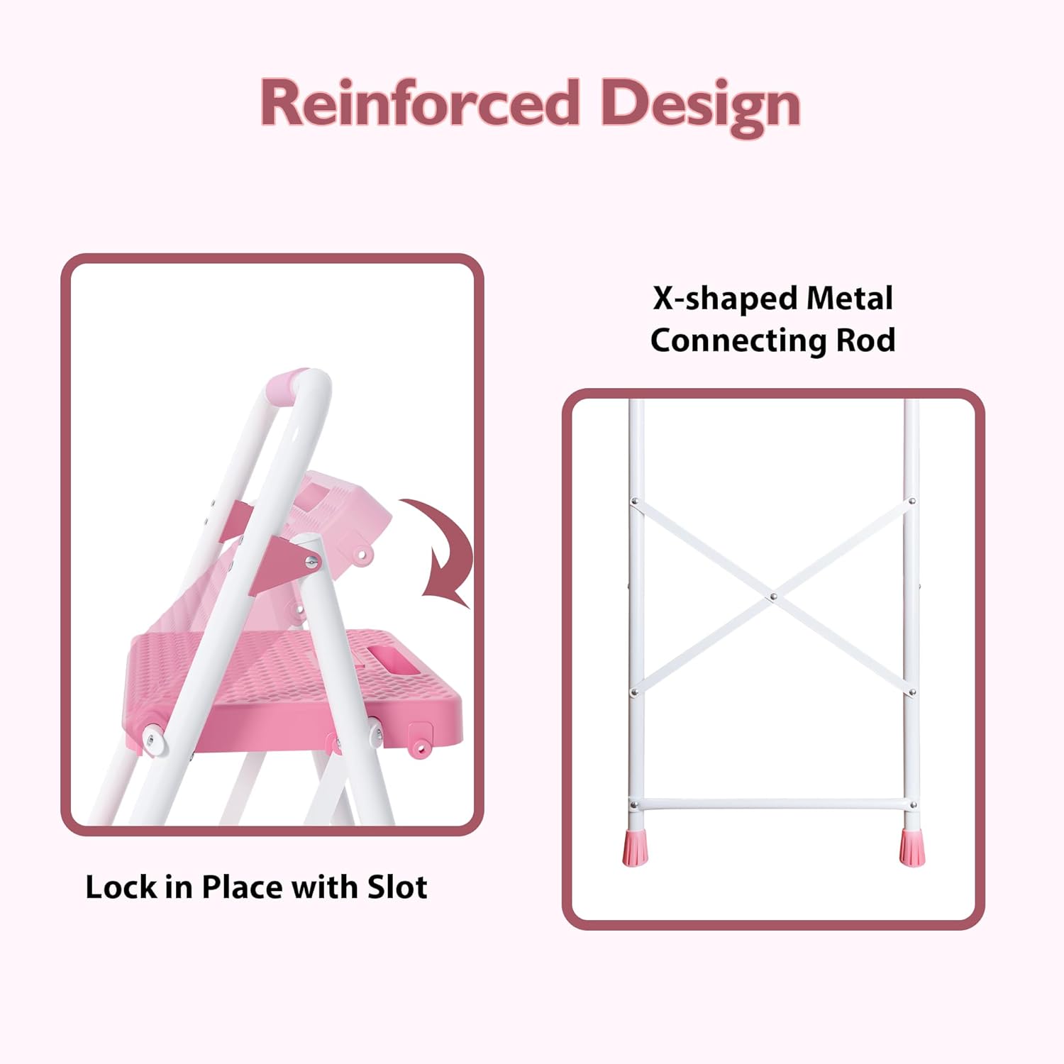 Thumbnail 5 de BONTEC Klappbare Trittleiter mit 3 Stufen (150 kg) – kompakt faltbar, rutschfeste Pedale in Rosa