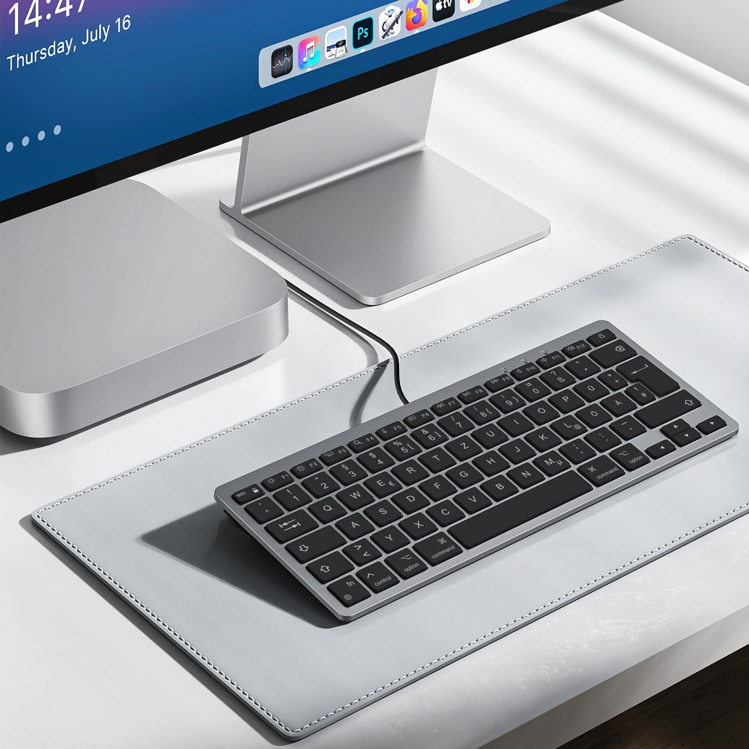 Detalle 2 de OMOTON kabelgebundene Mac-Tastatur mit Dualanschluss (Type-C/USB) QWERTZ, flüsterleise Tasten, grau