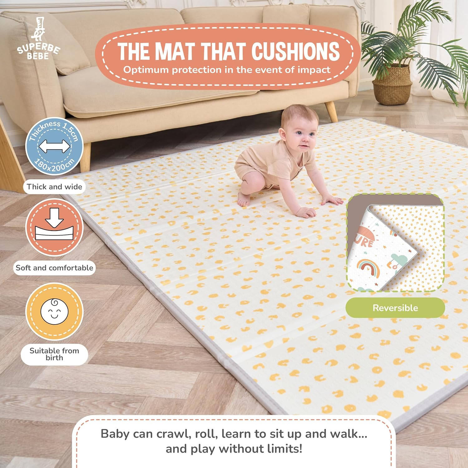 Thumbnail 1 de Tapis d'éveil Bébé Pliable Épais Réversible 180x200x1,5 cm – Grand tapis de jeu Montessori non toxique