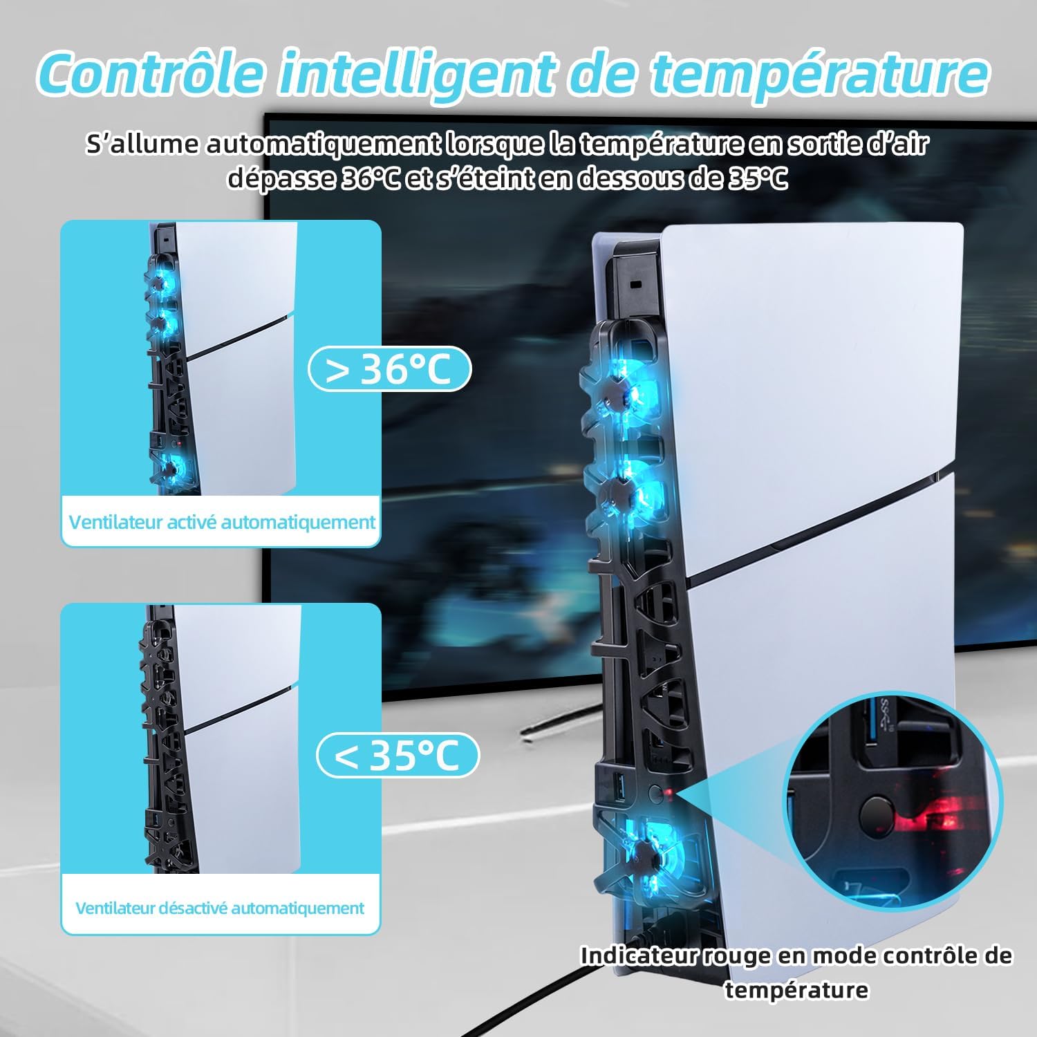 Thumbnail 3 de Tolesum Ventilateur de refroidissement pour PS5 Slim avec éclairage LED RGB (USB arrière) – Noir