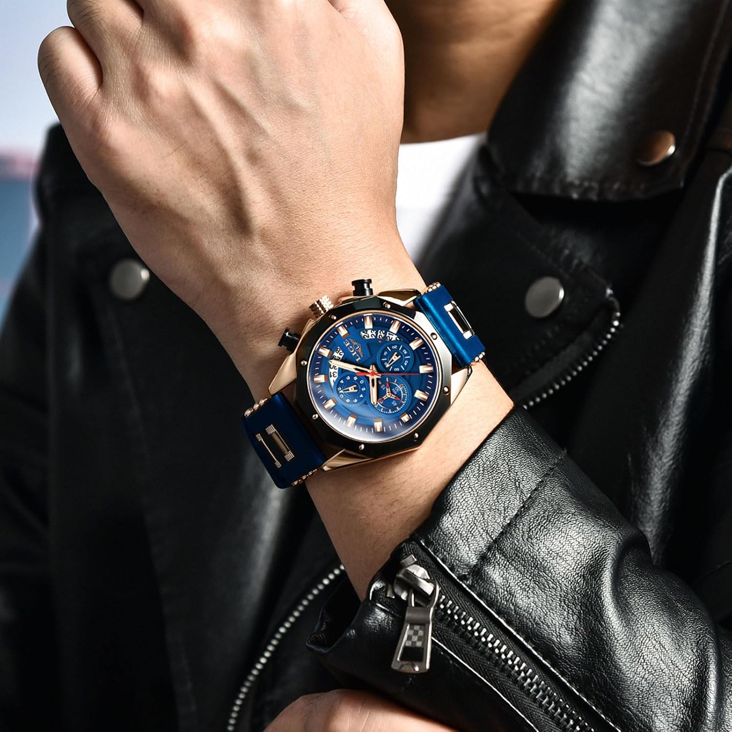 Thumbnail 1 de LIGE Montre Homme Vintage Chronographe – Or Rose Bleu, 3ATM