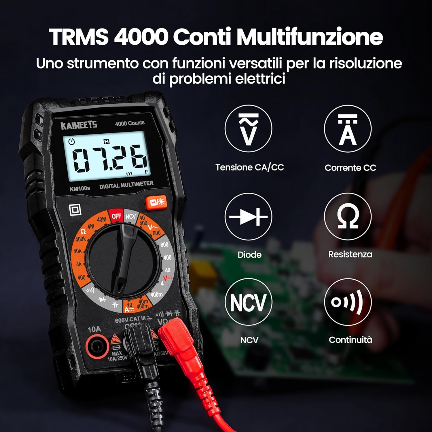 Thumbnail 3 de KAIWEETS KM100s Multimetro digitale per elettricista con 4.000 conteggi e tester tensione CA/CC