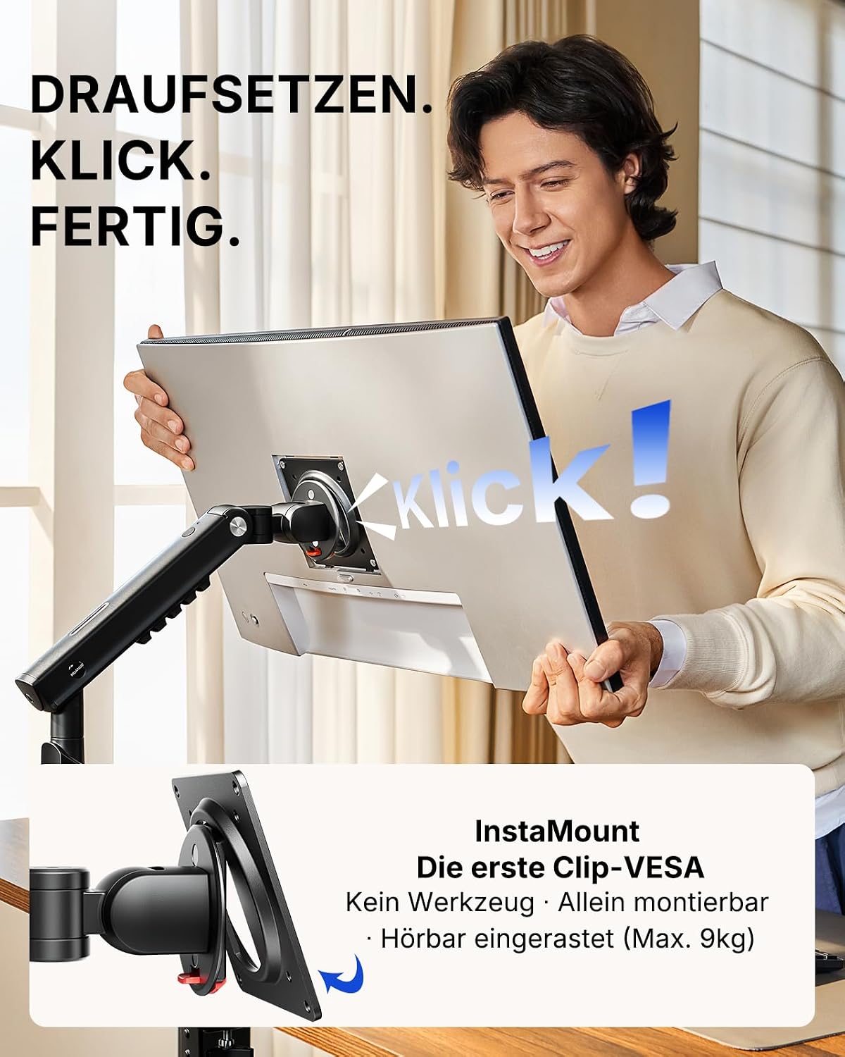 Thumbnail 6 de HUANUO FlowLift Pro Monitorarm 13–32 Zoll – MechaSpring, 9 kg Tragfähigkeit, VESA 75/100, werkzeuglose Montage