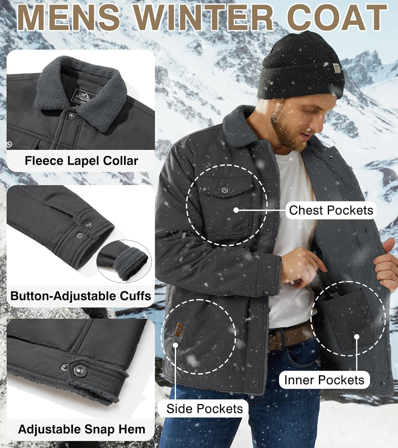 Detalle 2 de EKLENTSON EK-464 Men's Fleece-Lined Cotton Cargo Jacket, Five Pockets