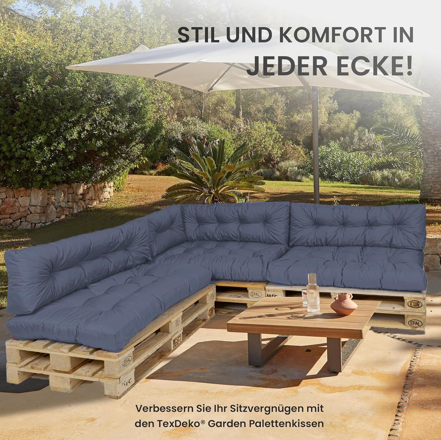 Detalle de TexDeko® Garden Palettenkissen 120x80x18 cm wasserabweisend & UV-beständig (7-teilig) – Sitzkissen für Europaletten, Grau