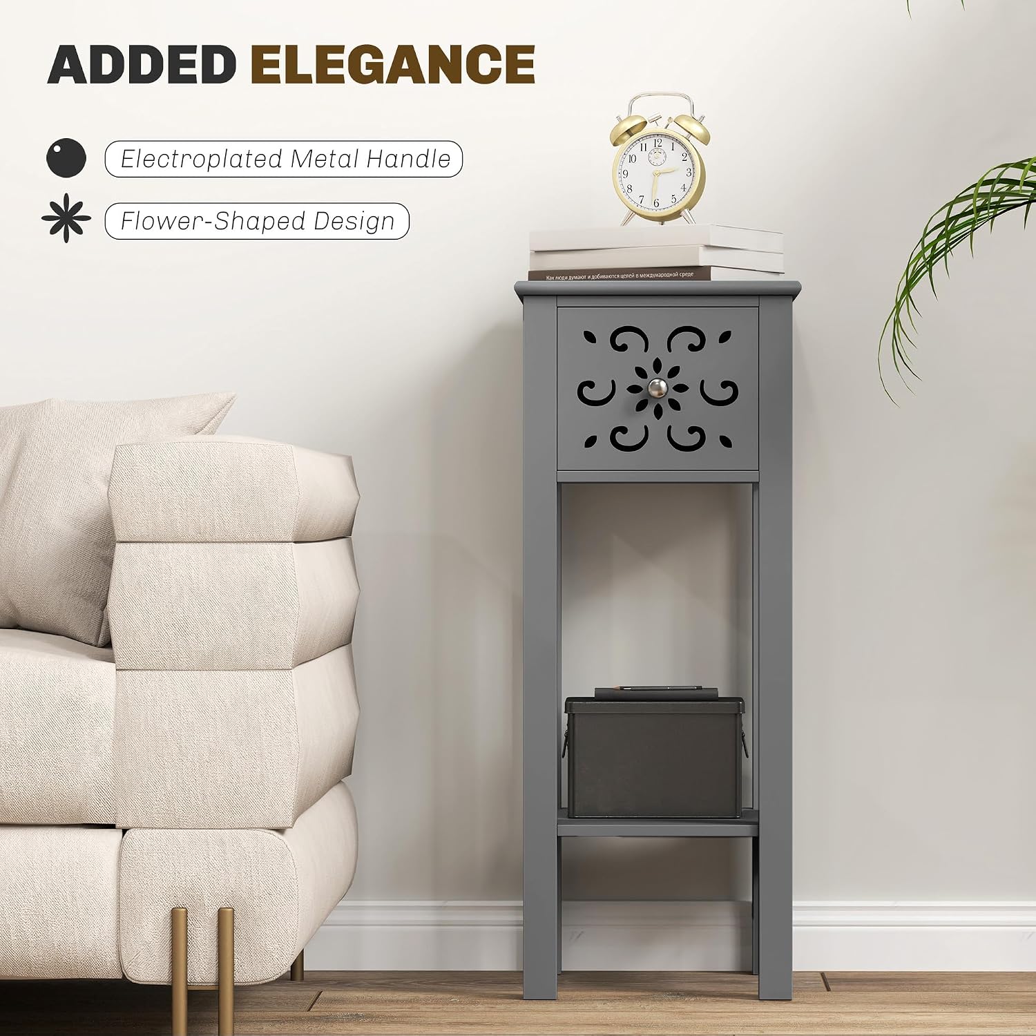 Detalle 2 de HOMCOM 83B-178V80GY Side Table Set of 2, Grey, Floral Cut-Out, Drawer & Shelf