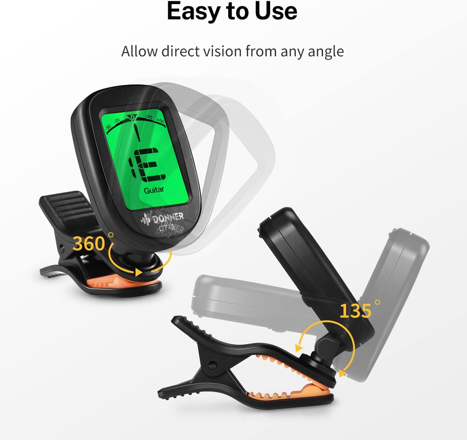 Detalle de Donner DT-2 Clip-On Chromatic Tuner: Accurate, Easy-Use for Guitar, Bass, Violin, and Ukulele