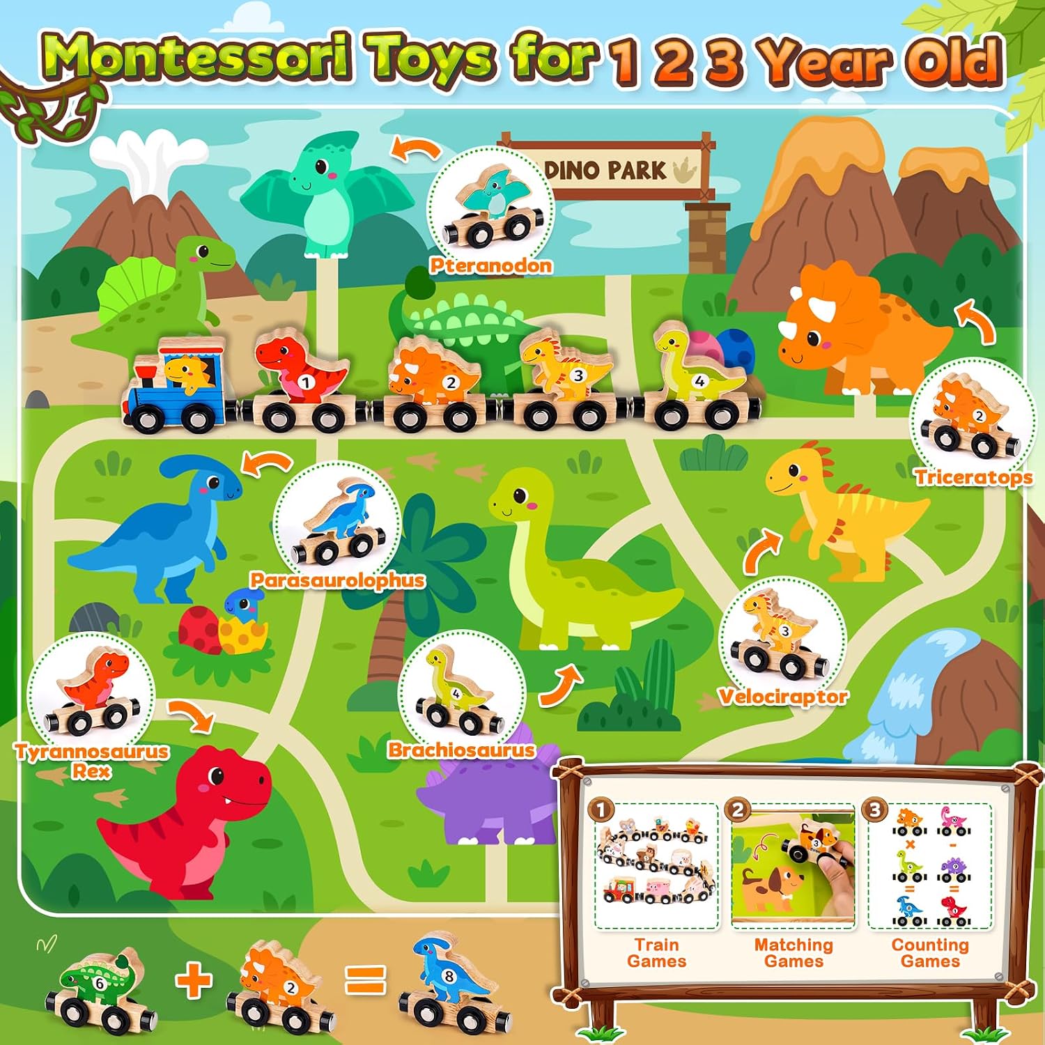 Thumbnail 4 de Toddler Wooden Dinosaur Magnetic Train Set (Age 1–3) with Carriages, Numbers 0–10 & Playmat