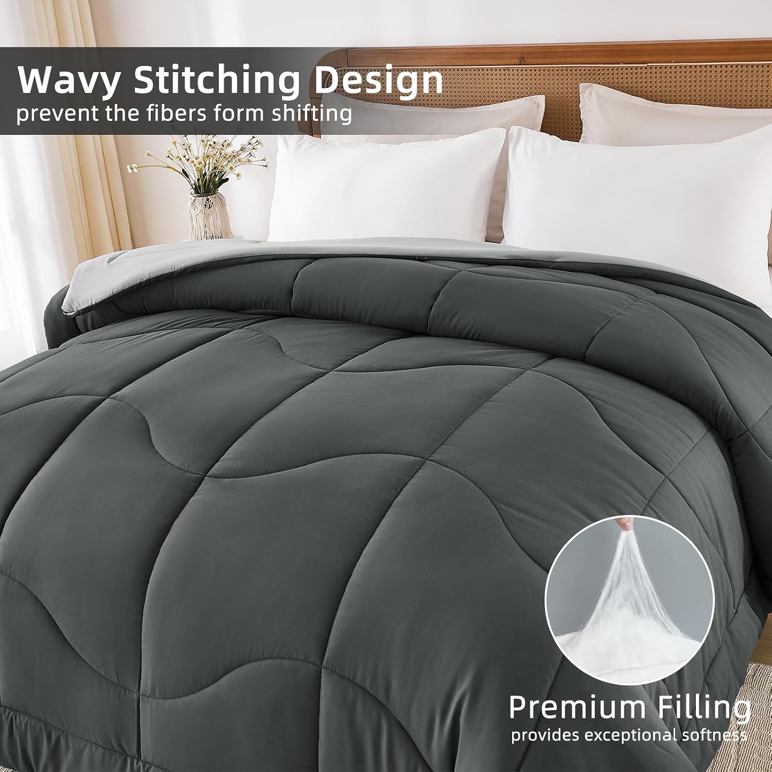 Detalle 2 de Guchuang Bedding Coverless Double Duvet – 10.5 Tog Reversible Light/Dark Grey Down Alternative