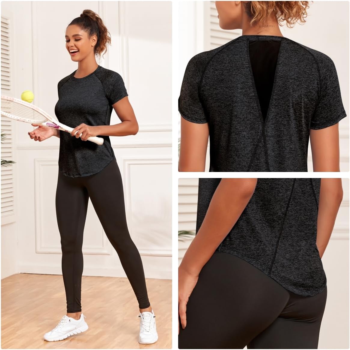 Detalle de Jlowesun Damen Sport-Shirt kurzärmelig mit Mesh-Rücken und schnell trocknendem Funktionsmaterial