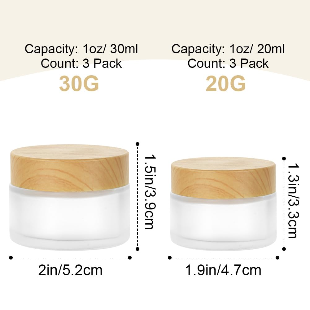 Detalle 2 de HOTUT Glas Leerdose Set – 6 Cremedosen zum Befüllen, 60 g Fassungsvermögen, UV‑Schutzglas mit Holzmaserung Deckel