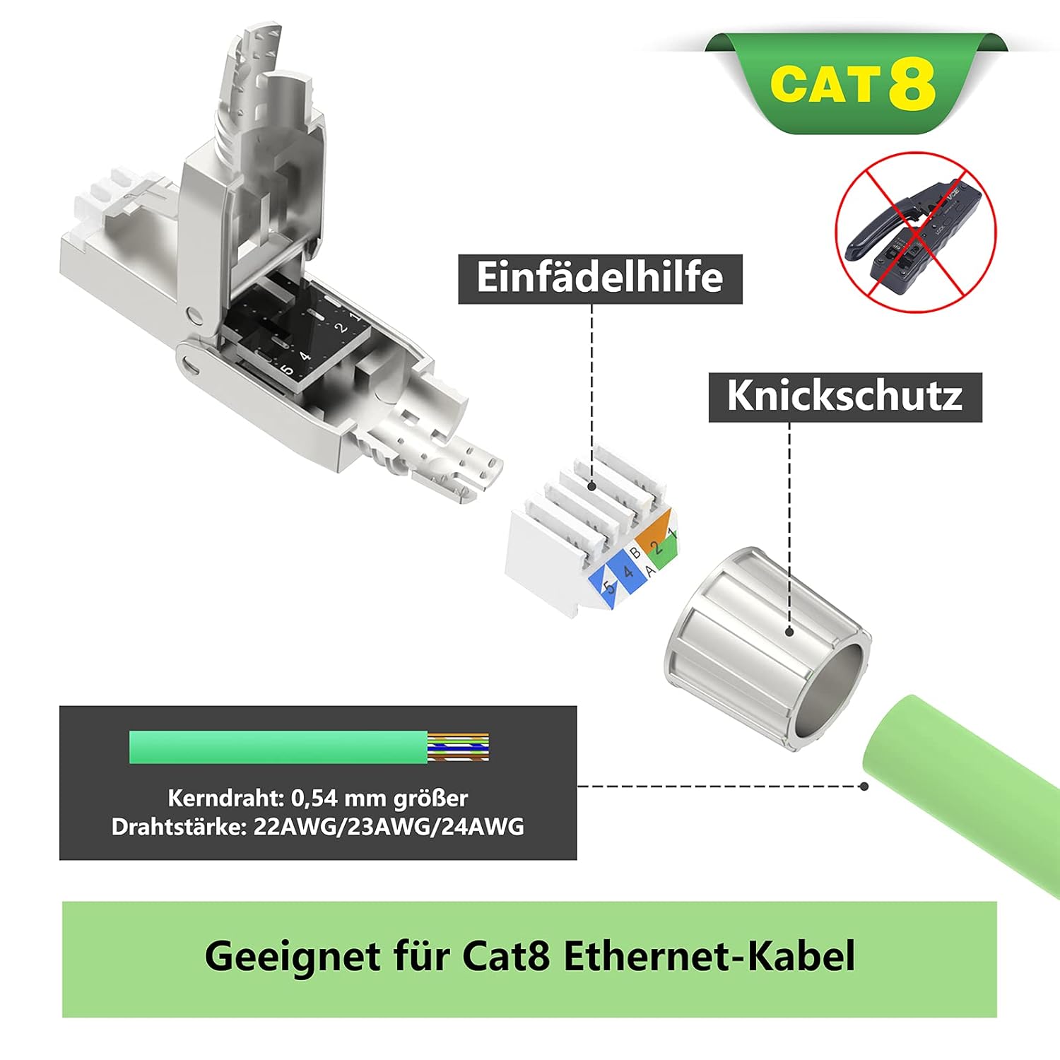 Detalle de VCELINK RJ45 Stecker Werkzeuglos für Verlegekabel Cat8/Cat7 – 2 Stück
