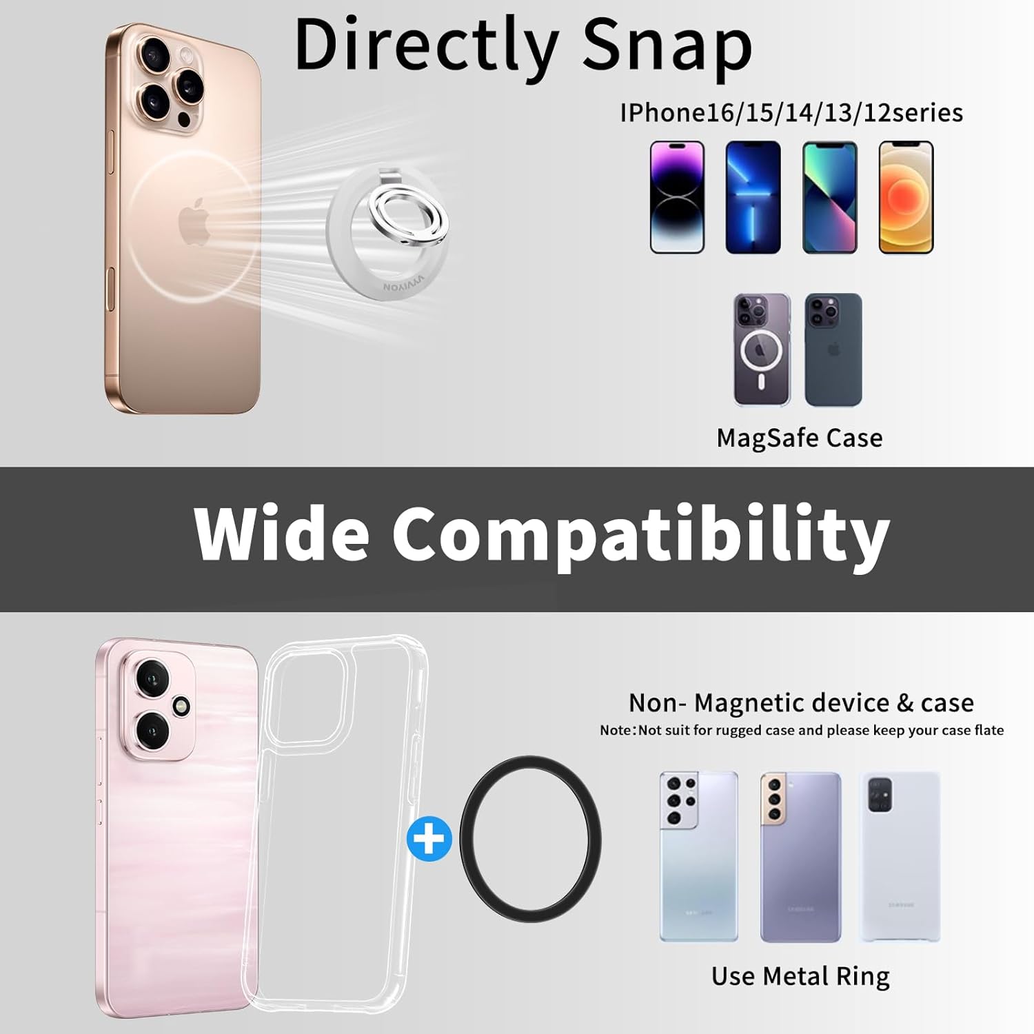 Thumbnail 3 de Phone Ring Holder for MagSafe: Double-Sided Magnetic Ring Stand for iPhone 17–12 and Magnetic Android Apps (White)