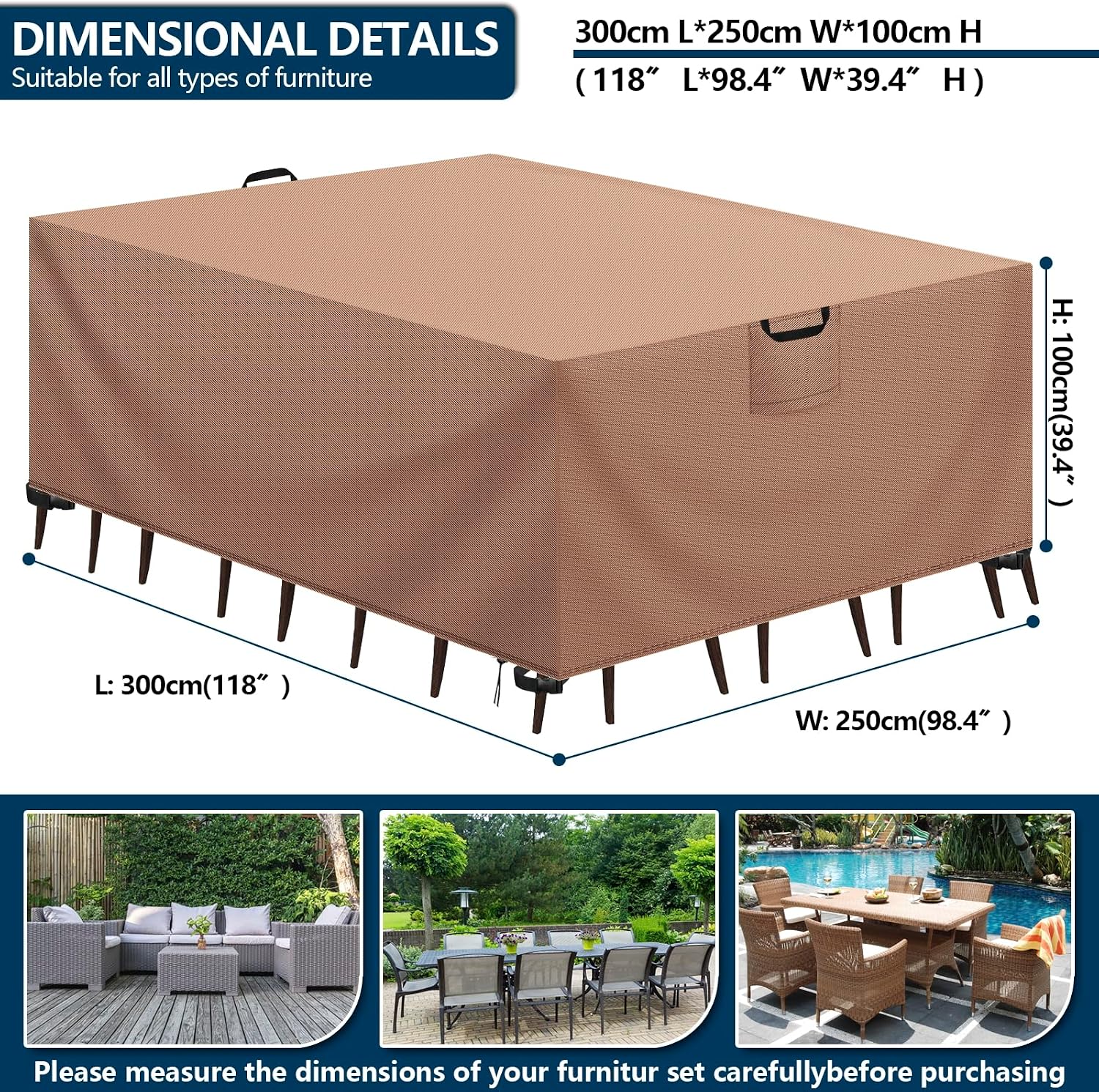Detalle 2 de Aujink copertura tavolo esterno impermeabile in tessuto Oxford 420D kaki (300x250x100 cm)
