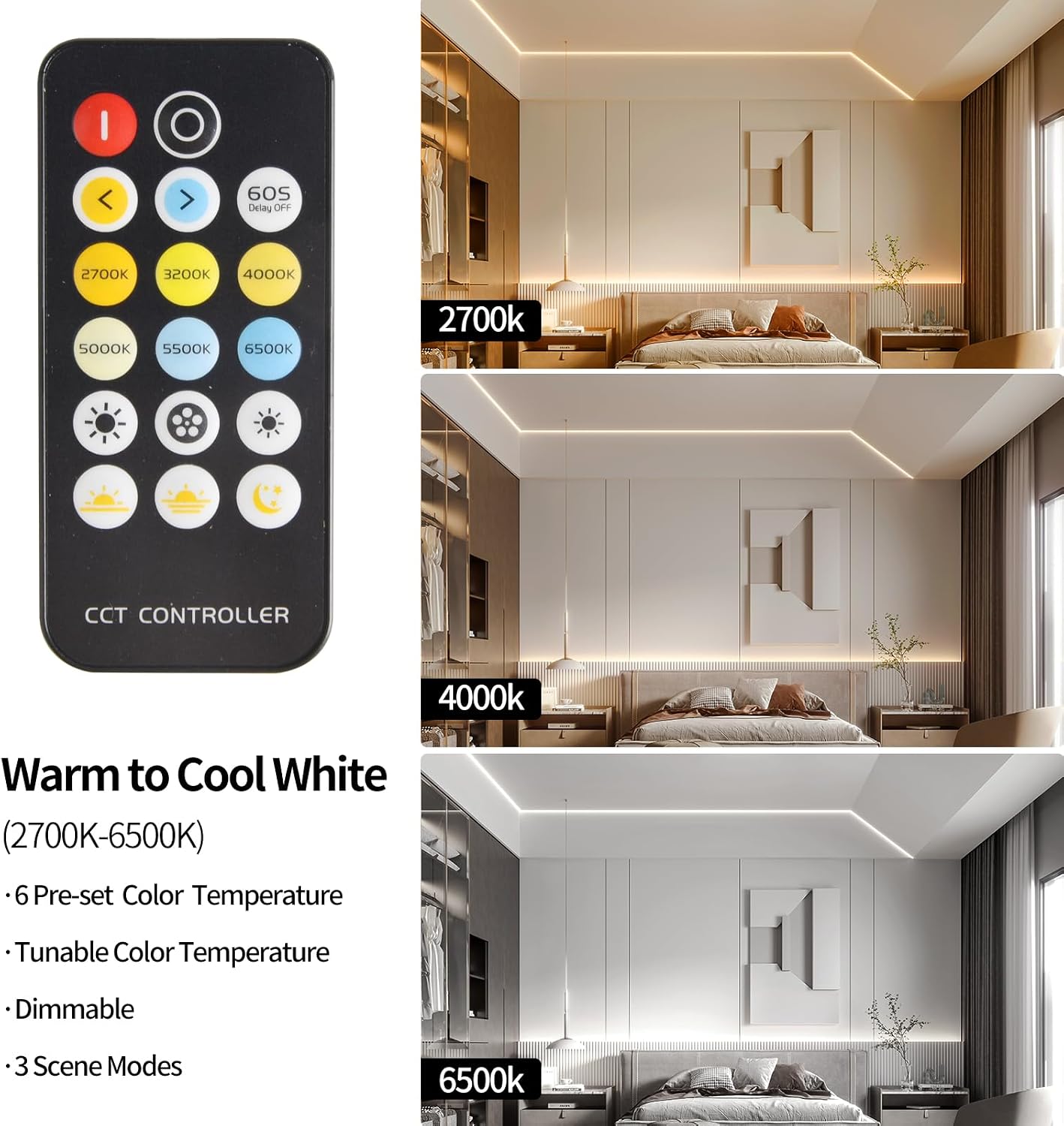 Thumbnail 3 de SIRYYUI CCT COB LED Strip Lights 10m: Dimmable 2700K–6500K, 24V Tunable White with RF Remote