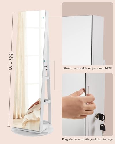 Thumbnail 9 de SONGMICS Armoire à Bijoux avec Miroir et LED – rangement pivotant 360°, 6 LED, portes verrouillables (JJC007W01)