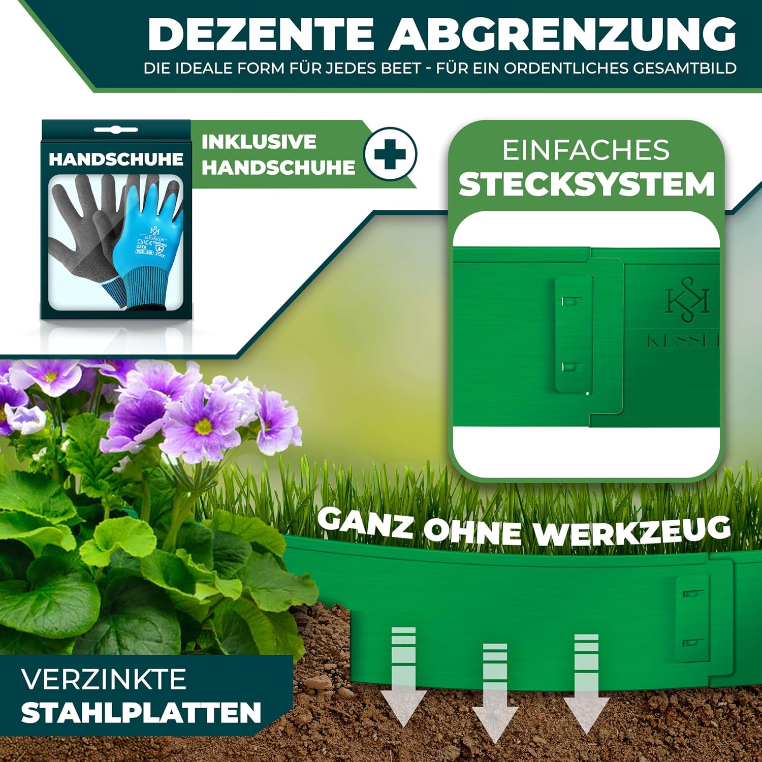 Detalle de KESSER Rasenkante Beeteinfassung – Beetumrandung mit Handschuhen 10 m, 100 x 14 cm, Metall Palisade, Silber