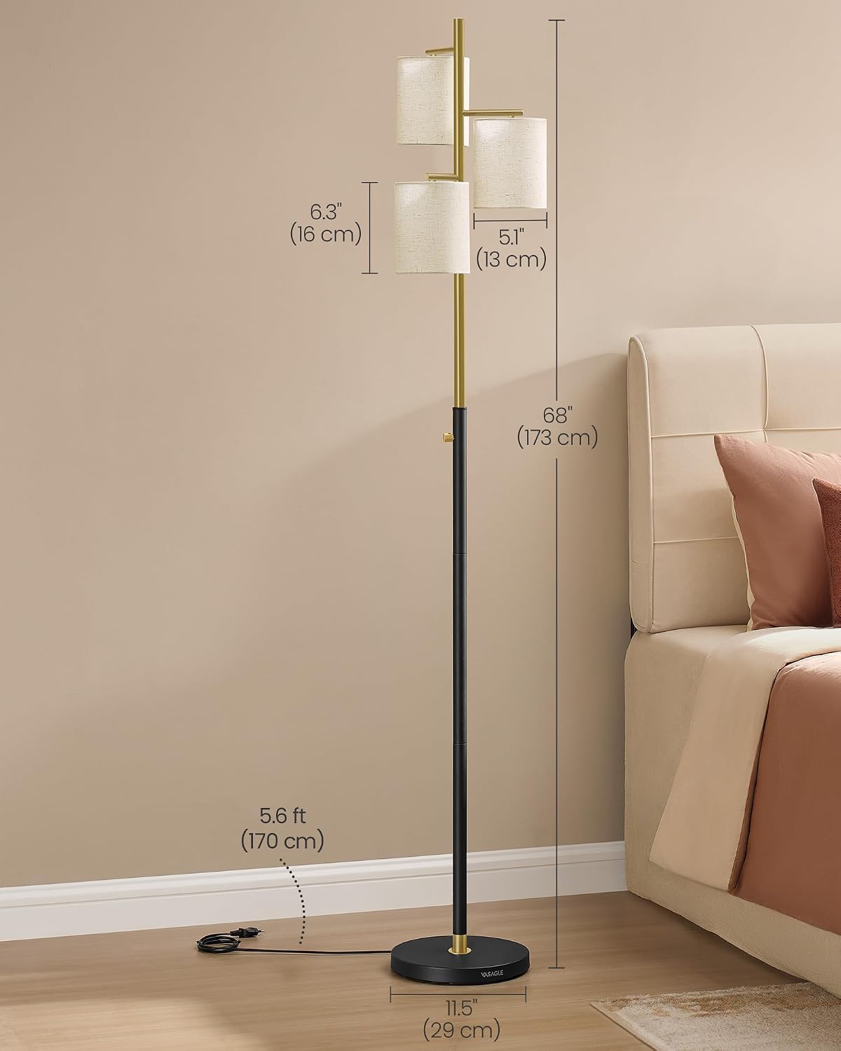 Thumbnail 4 de VASAGLE LFL003B01 Floor Lamp, 3 Bulbs, Dimmable, Gold and Black