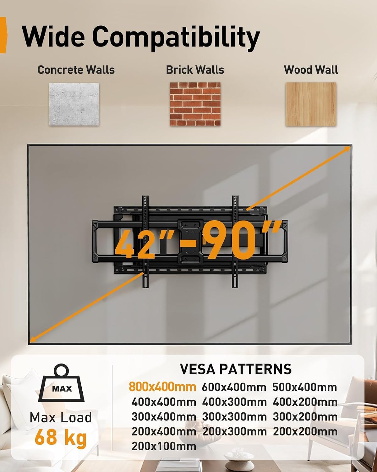 Detalle 2 de Perlegear Support TV mural 42–90" pivotant 68 kg