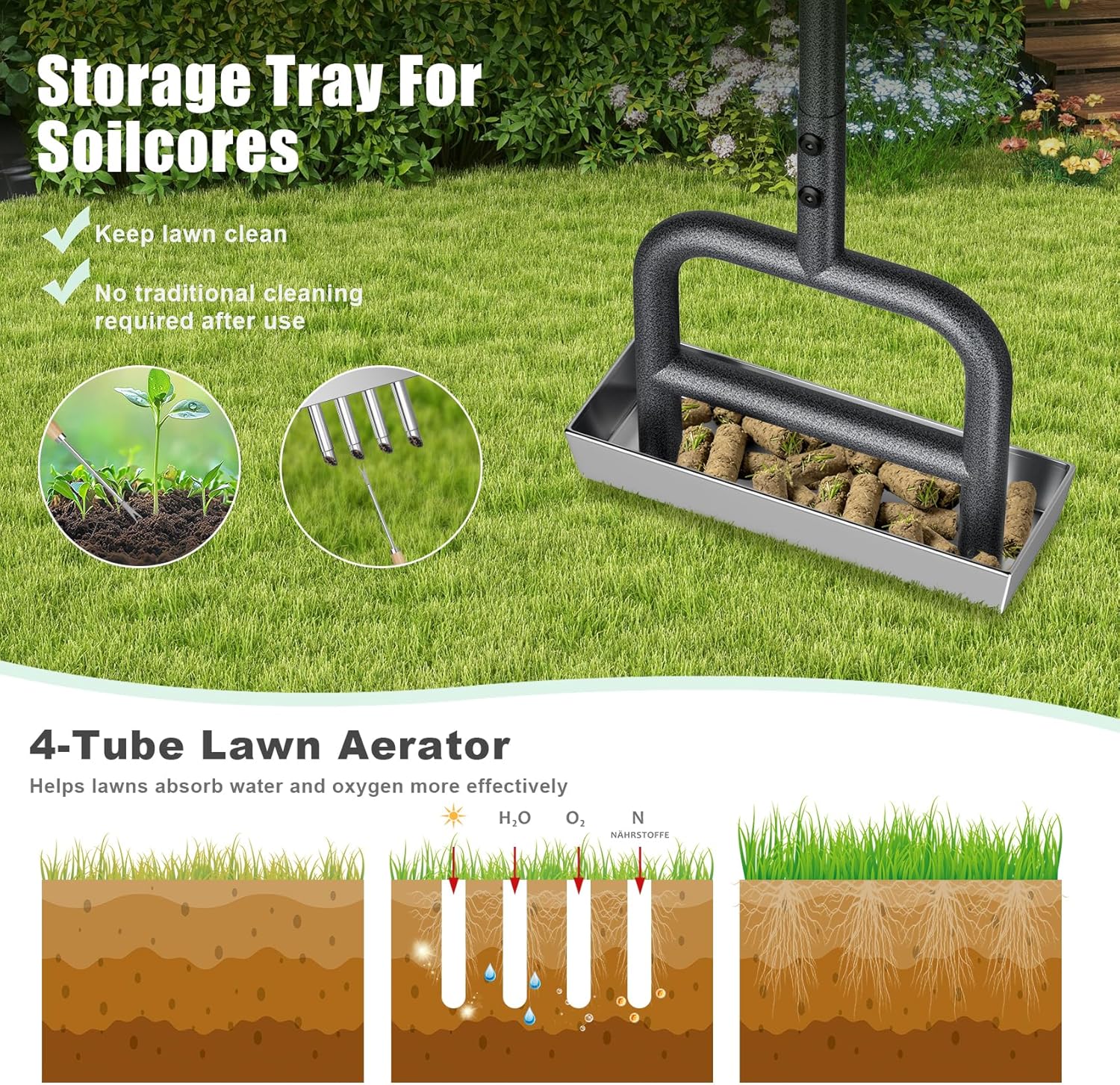Thumbnail 3 de Yornoli Lawn Aerator Tool – Heavy Duty Hollow Tine Manual Coring Aerator with 4 Stainless Steel Pluggers