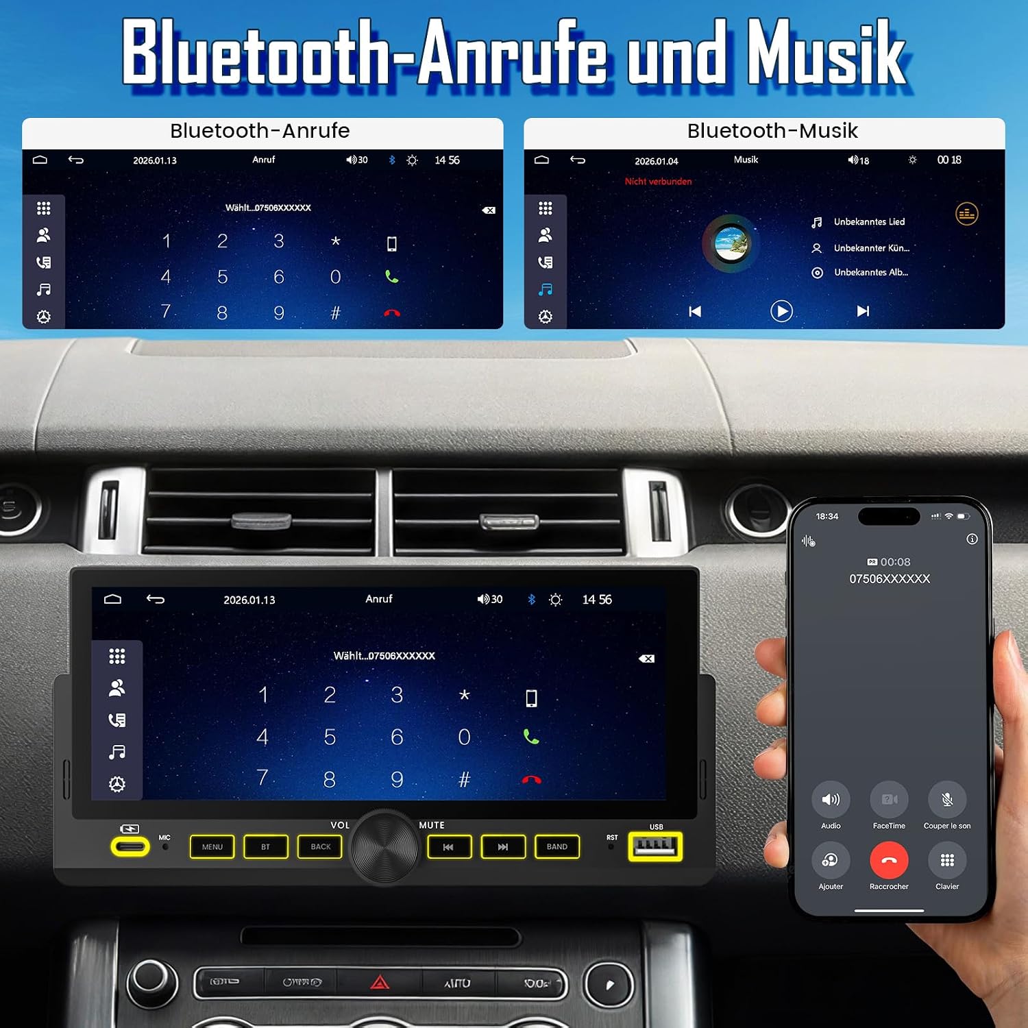 Thumbnail 5 de 1-DIN Autoradio mit 6,86-Zoll Wireless CarPlay & Android Auto, Bluetooth und Rückfahrkamera