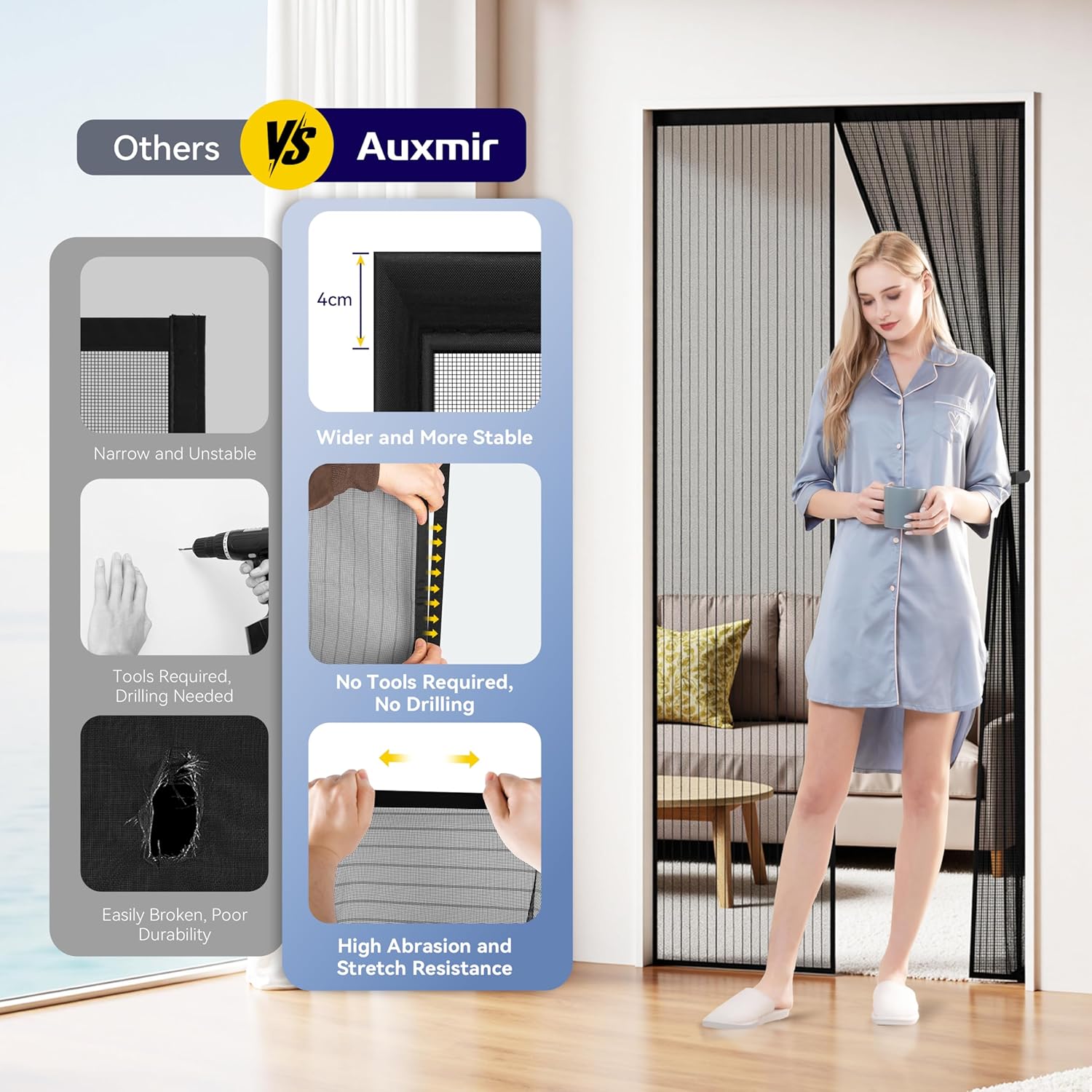 Thumbnail 1 de Auxmir Zanzariera Magnetica 110 x 210 cm con chiusura automatica e rete ultra fine, nera