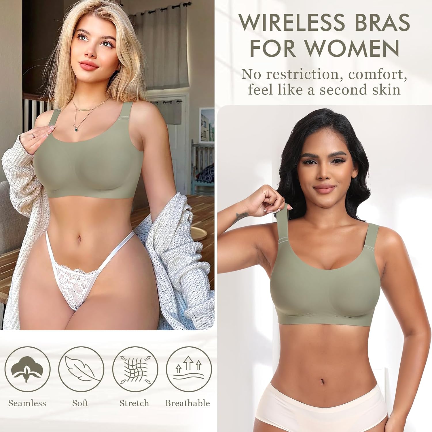 Detalle de Ganado WNBR001 Wireless Seamless Bra, Padded Full Coverage, Adjustable Straps