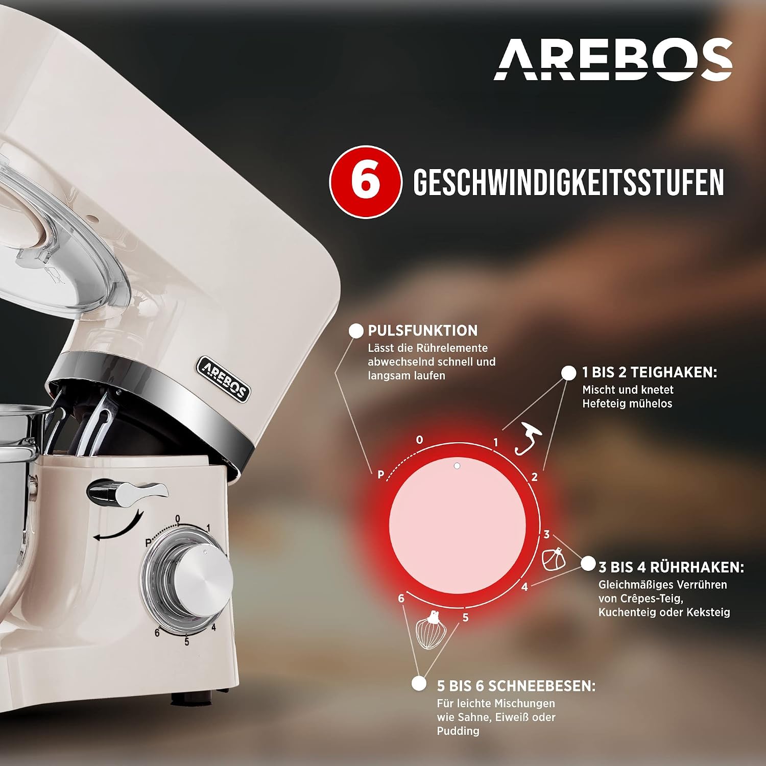 Detalle 2 de Arebos Küchenmaschine 1500W Creme