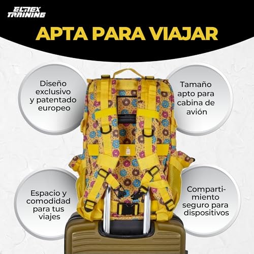 Detalle de Mochila Táctica 45L ELITRAINX – Cabina avión, Oxford 1000D impermeable, bolsillo para zapatillas y ordenador, Amarillo Donuts