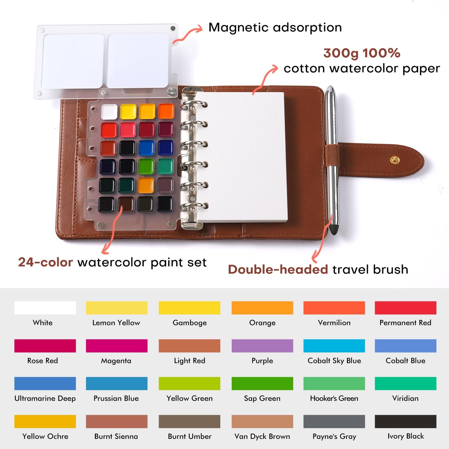 Detalle de Fuumuui Travel Watercolour Paint Set 24 Colours with PU Leather Cover and 20-Sheet Cotton Watercolour Paper