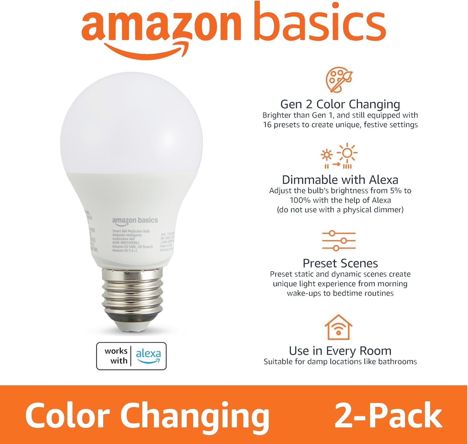 Thumbnail 1 de Amazon Basics Lampadina LED intelligente E27 8W (60W equivalente) 2 confezione – multicolore, Alexa-only