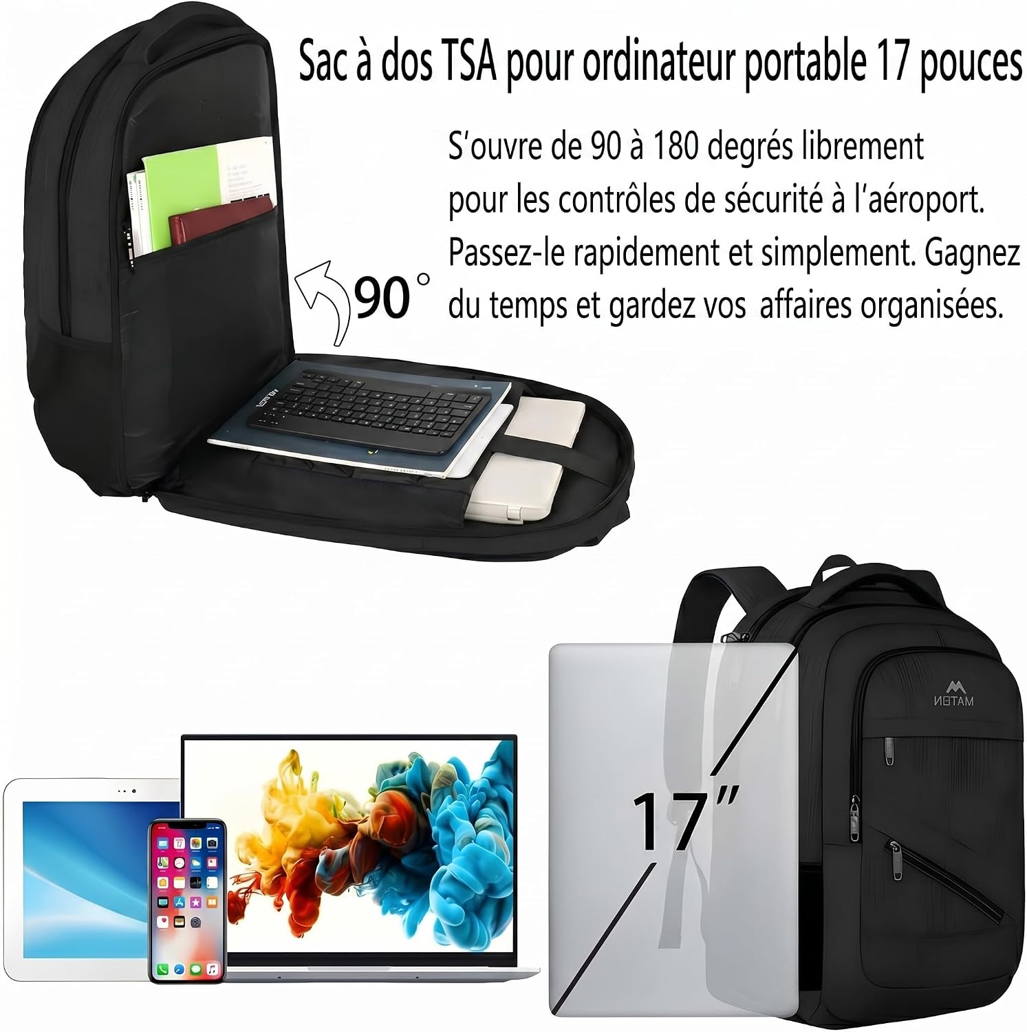Detalle 2 de MATEIN MATIN Sac à dos pour ordinateur portable 17 pouces, 30 L, imperméable et anti-vol (USB, sangle bagage) – Noir