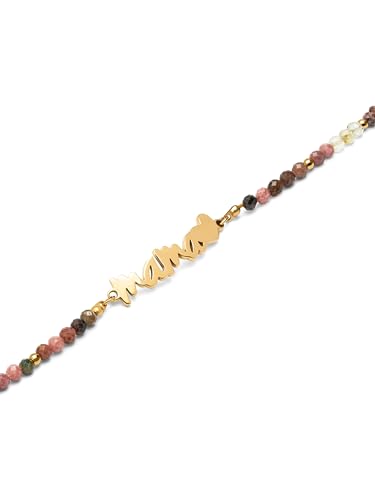Detalle de SINGULARU Pulsera Mamá Heart Tourmaline: acero con baño 18K y piedras naturales