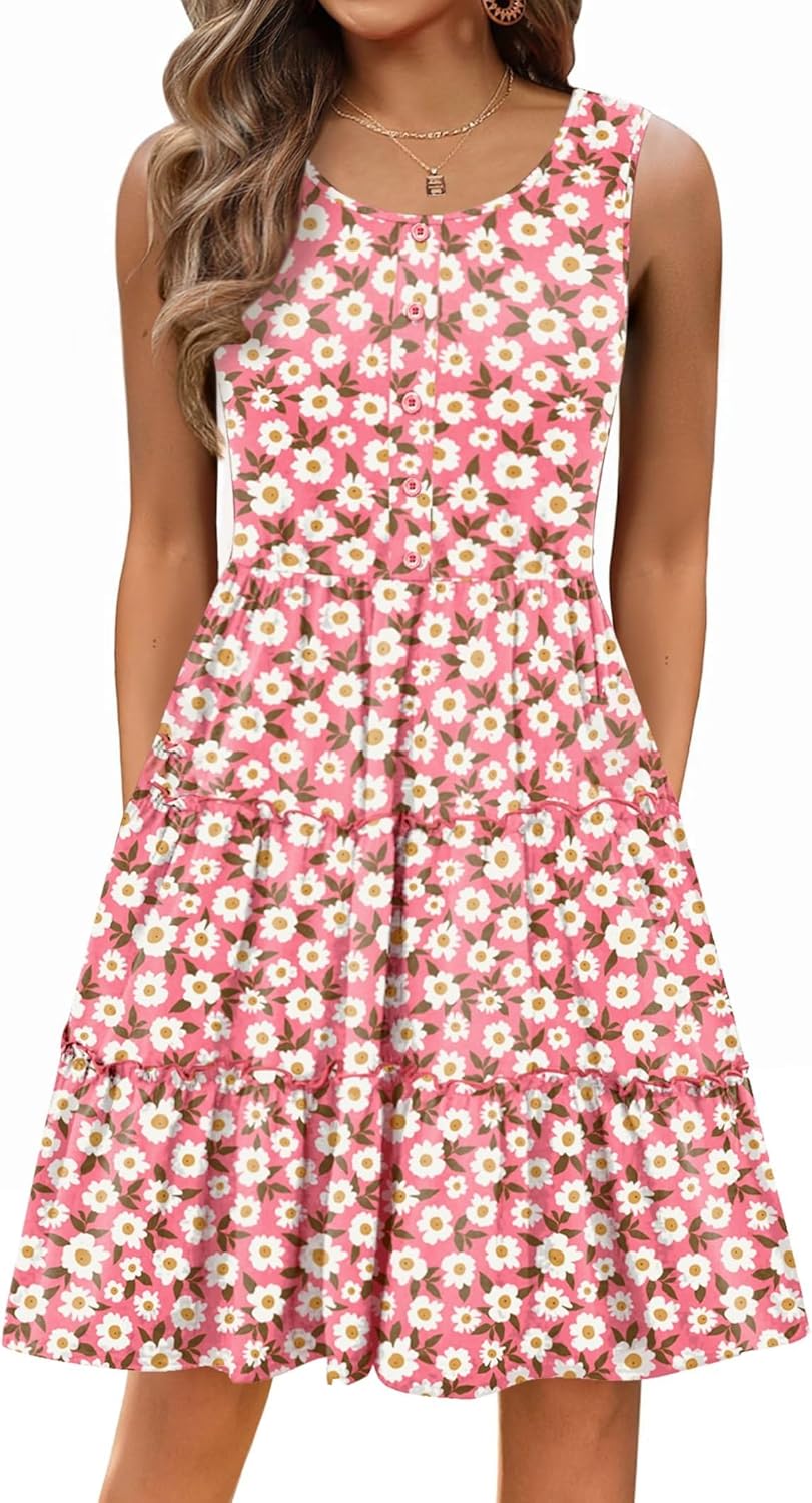 Hotouch Robe Femme Été sans Manches — Robe Décontractée à Fleurs avec Poches, Mi-longue