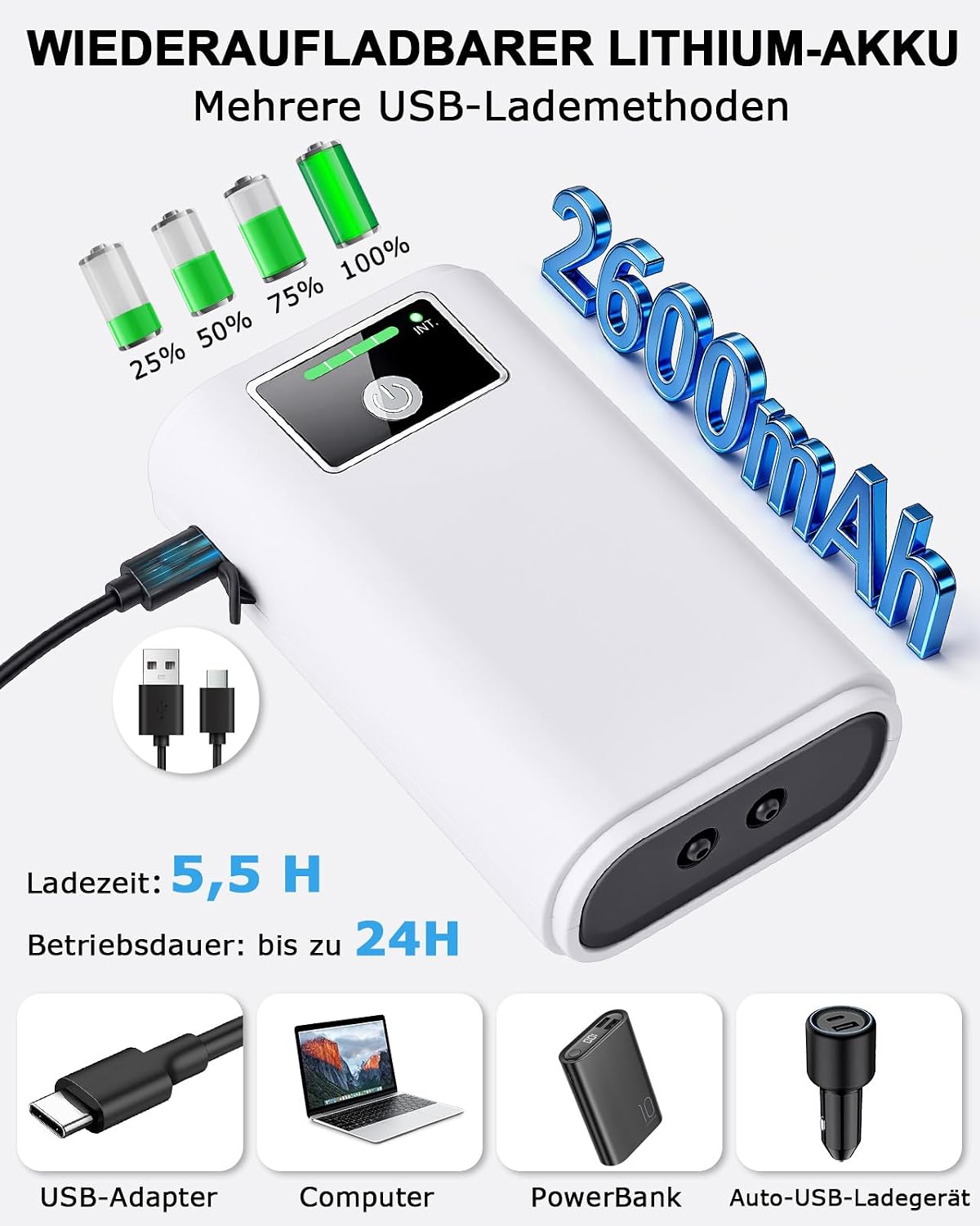 Thumbnail 4 de Petbank Aquarium Luftpumpe – USB, 2600mAh Akku, zweiphasige Stromversorgung, 2 Ausgänge