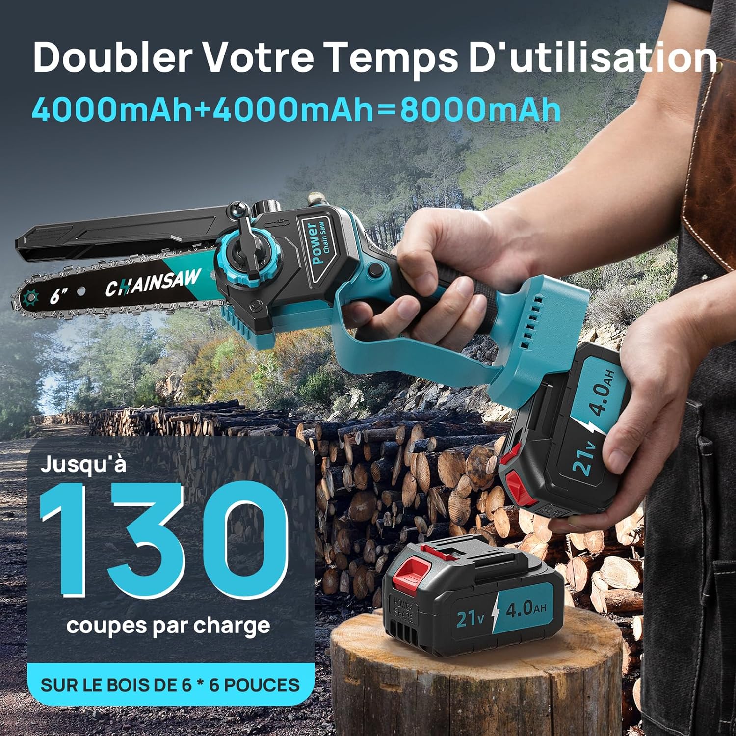 Detalle 2 de Mini Tronçonneuse à Batterie VIWKO 6'' (1000W) — sans fil, brushless, avec lubrification auto et deux batteries 4000mAh