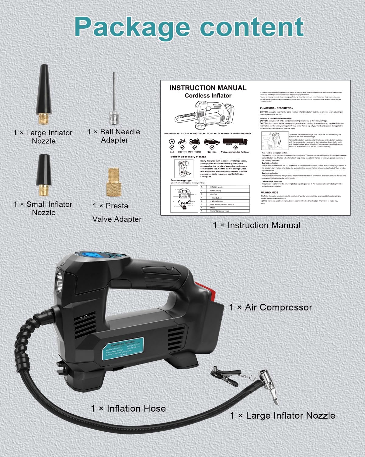 Thumbnail 6 de Waitley Akku-Luftkompressor für Bosch 18V Akkus (max. 11 bar) mit digitalem Manometer – für Auto, Motorrad, Fahrrad & Bälle