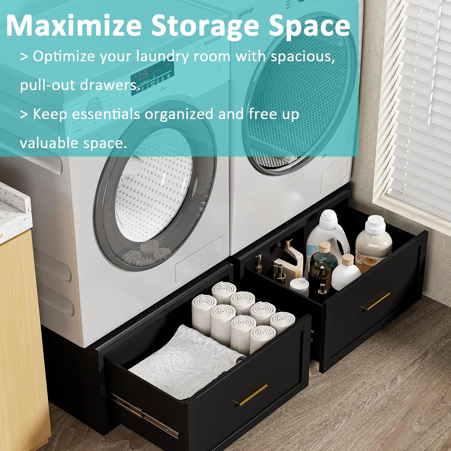 Thumbnail 5 de Qxdyt Laundry Pedestal-Black, 16-Inch Steel Washer and Dryer Stand with Drawer