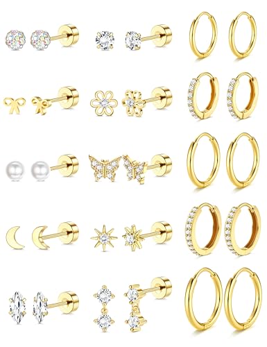 Detalle de ADRAMATA 15Pairs 14K Gold Plated Flat Back Earrings – Hypoallergenic Stainless Steel Stud & Hoop Set